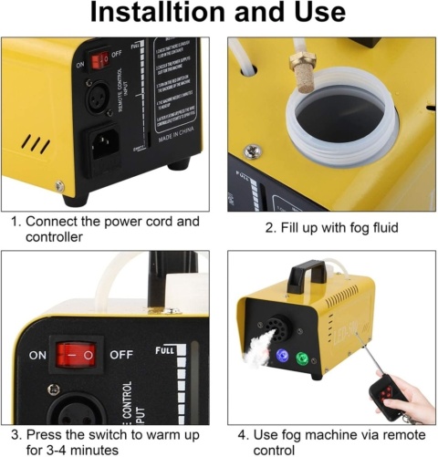 PRZENOŚNA PRZETWORNICA GENERATOR DYMU LED 500 W Z BEZPRZEWODOWYM PILOTEM I KOLOROWYM ŚWIATŁEM