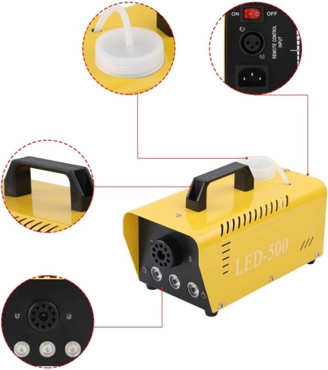 PRZENOŚNA PRZETWORNICA GENERATOR DYMU LED 500 W Z BEZPRZEWODOWYM PILOTEM I KOLOROWYM ŚWIATŁEM