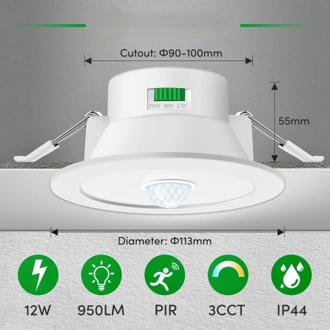 ALUSSO LED REFLEKTOR SUFITOWY Z CZUJNIKIEM RUCHU 12W 3x BARWY REGULOWANE