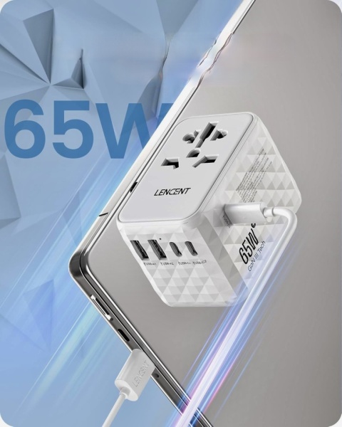 LENCENT UNIWERSALNY ZASILACZ ADAPTER PODRÓŻNY 65W GAN III Typ A/C/G/I BIAŁY
