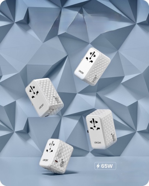 LENCENT UNIWERSALNY ZASILACZ ADAPTER PODRÓŻNY 65W GAN III Typ A/C/G/I BIAŁY