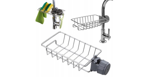 Organizer do zlewu srebrny koszyk mała półka na kran ociekacz na gąbkę płyn