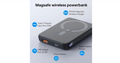 POWERBANK Eissix 12000 mAh USB-C WYŚWIETLACZ LED W16 INDUKCJA MAGNETYCZNY