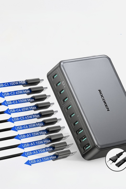 ROCOREN 480W GaN USB C ŁADOWARKA 10-PORTOWA STACJA ŁADOWANIA LAPTOPÓW