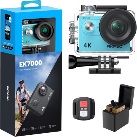 AKASO EK7000 KAMERA SPORTOWA WODOODPORNA 4K FULL HD 1080P 12MP DODATKOWA BATERIA + AKCESORIA MONTAŻOWE