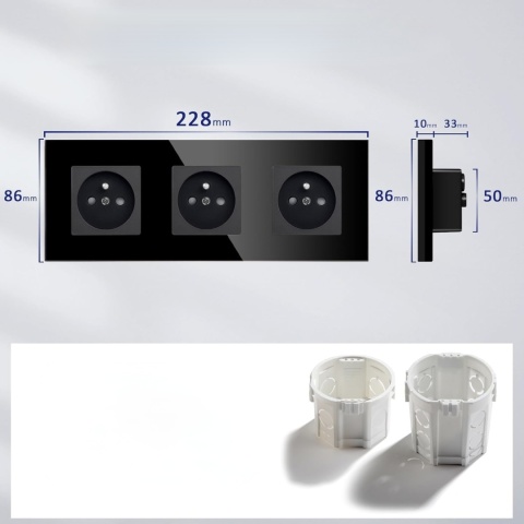 BSEED GNIAZDO ŚCIENNE POTRÓJNE 3-BIEGUNOWE RAMKA ZE SZKŁA HARTOWANEGO