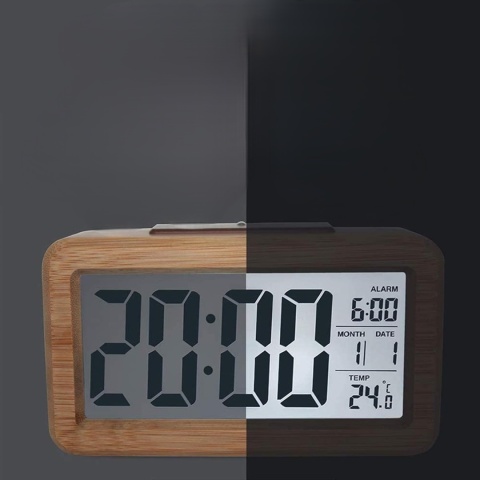 CYFROWY DREWNIANY BUDZIK LED ZEGAR STOŁOWY INTELIGENTNY CZUJNIK LAMPKA NOCNA