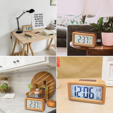 CYFROWY DREWNIANY BUDZIK LED ZEGAR STOŁOWY INTELIGENTNY CZUJNIK LAMPKA NOCNA