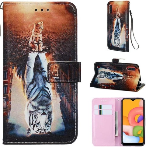 Etui Z Klapką Na Samsung Galaxy A01 Skóra PU 3D Magnetyczne Kot Tygrys