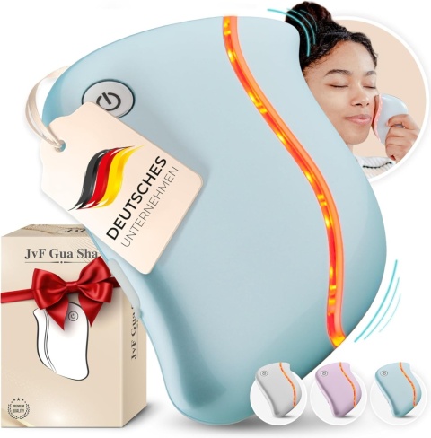 JVF BEAUTY GUA SHA ELEKTRYCZNY LED MASAŻER ZE STALI NIERDZEWNEJ DO TWARZY SZYI Z WIBRACJAMI KOLOR JASNY NIEBIESKI