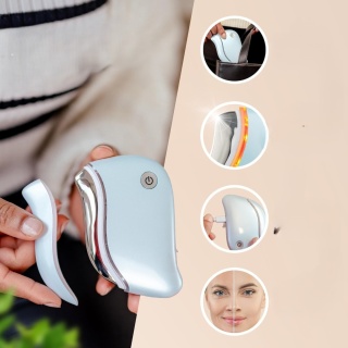 JVF BEAUTY GUA SHA ELEKTRYCZNY LED MASAŻER ZE STALI NIERDZEWNEJ DO TWARZY SZYI Z WIBRACJAMI KOLOR JASNY NIEBIESKI