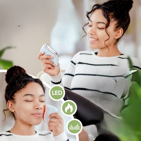 JVF BEAUTY GUA SHA ELEKTRYCZNY LED MASAŻER ZE STALI NIERDZEWNEJ DO TWARZY SZYI Z WIBRACJAMI KOLOR JASNY NIEBIESKI