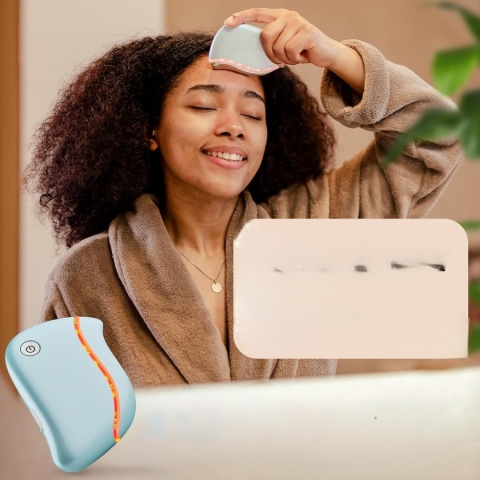 JVF BEAUTY GUA SHA ELEKTRYCZNY LED MASAŻER ZE STALI NIERDZEWNEJ DO TWARZY SZYI Z WIBRACJAMI KOLOR JASNY NIEBIESKI