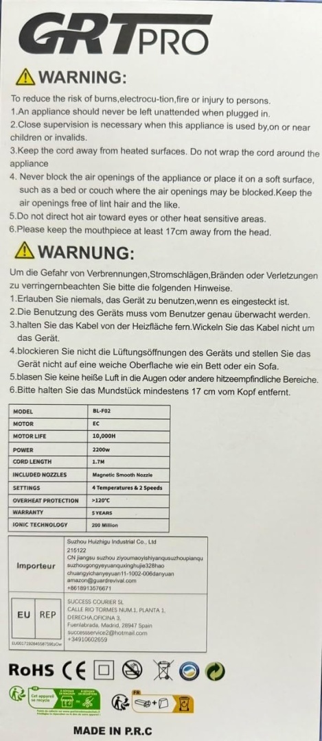 GRT PRO PROFESJONALNA MINI SUSZARKA DO WŁOSÓW JONOWA 2200W 110 000 obr./min