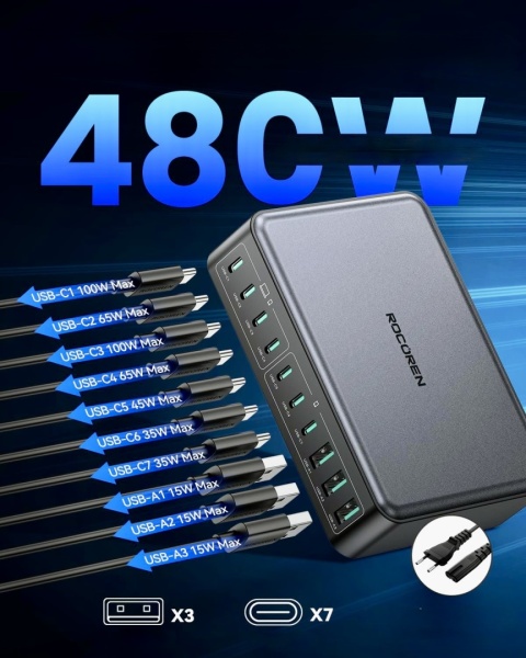 Stacja Ładująca Ładowarka Rocoren 480W 10-Portowa GaN Do Laptopów QC4.0 PPS