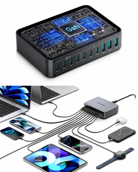 Stacja Ładująca Ładowarka Rocoren 480W 10-Portowa GaN Do Laptopów QC4.0 PPS