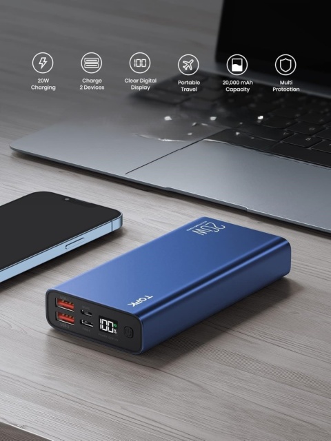 TOPK POWERBANK 20000MAH SZYBKA PRZENOŚNA ŁADOWARKA USB C 20W LED WYŚWIETLACZ